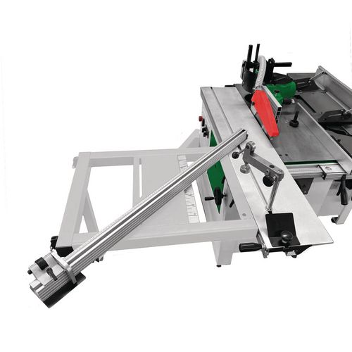 Tischausleger mit Aluminium-Ablänganschlag für Platten und große WerkstückeInklusive Werkstückklemmung aus Aluminiumguss und verstellbarem Mikro-AnschlagAluminium Formatschiebeschlitten mit 1300 mm Länge