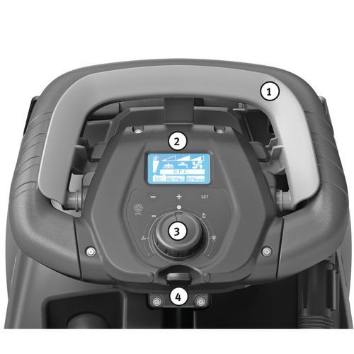 Innovativer Bedienhebel aus jeder Position einfach zu betätigen Anzeige von Batteriestand, Betriebsstunden, Programmwahl, Wasserdurchfluss, Bürstendruck, Alarmmeldungen Intuitive und einfache Kontrolle über zentralen Drehknopf Elektronischer Schlüssel - Ein- und Ausschalten mit Bediener-ID-Taste