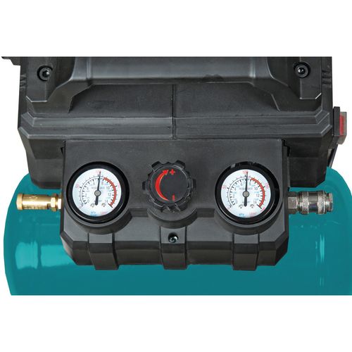 Druckluftentnahme über eine Einhand-SchnellkupplungenDruckminderer für stufenlose Einstellung des gewünschten ArbeitsdrucksJe ein Manometer für Anzeige des Behälter- und Arbeitsdrucks