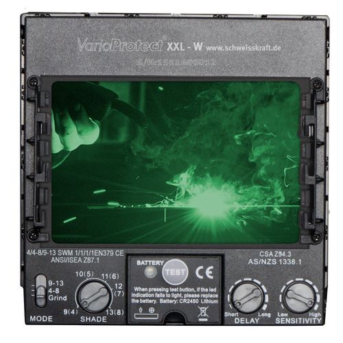 Großes Sichtfenster 100 x 65 mmStufenlose Einstellung der Dunklen Schutzstufe und der EmpfindlichkeitEinstellung der AufhellzeitUmschalten zwischen Schleif- und Schweißmodus